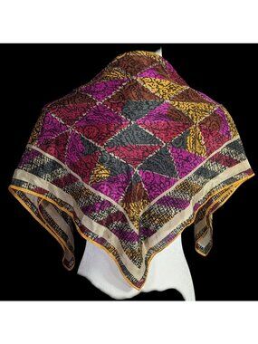 Vintage Honey Silk Scarf With Bold Geometric & Floral Print - 30x30 Inches - Mul